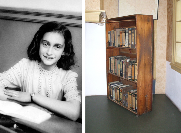 [나치 정권의 잔학함을 세상에 알린 '안네의 일기'를 쓴 안네 프랑크(왼쪽)와 가족들이 숨어 살았던 다락방의 위장 출입구였던 책장. 사진 출처=위키피디아]